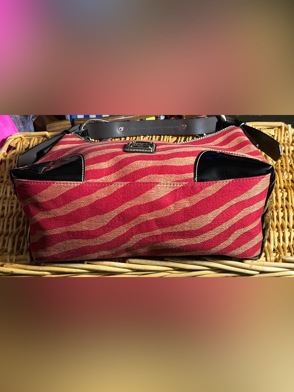 Dooney & Bourke Red and Beige Zebra Stripe Tote with Patent Black Trim - Picture 4 of 16